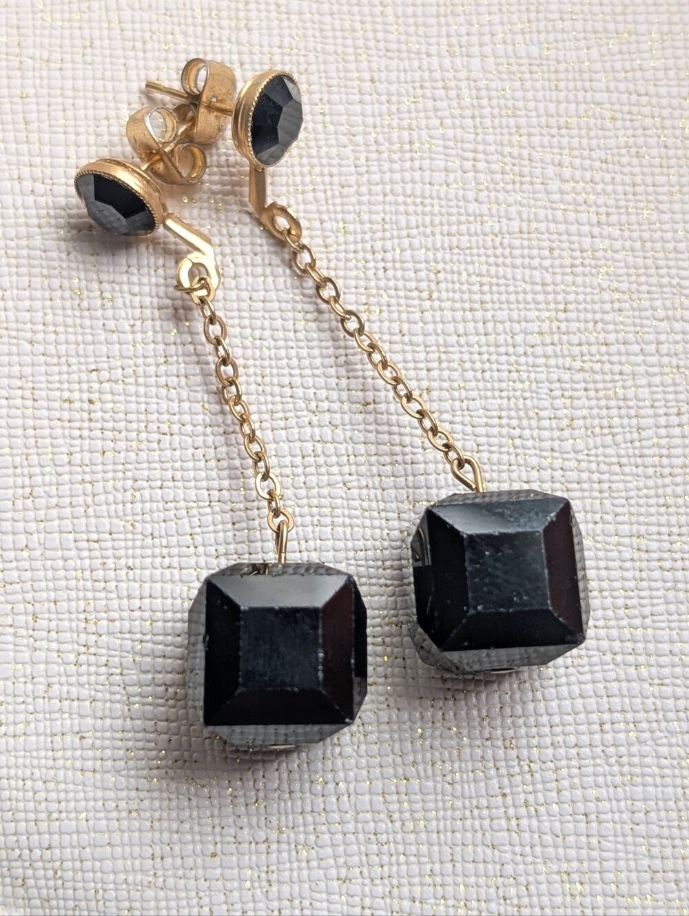 Vintage Gold Chain Drop Earrings with Black Faceted Onyx Stones